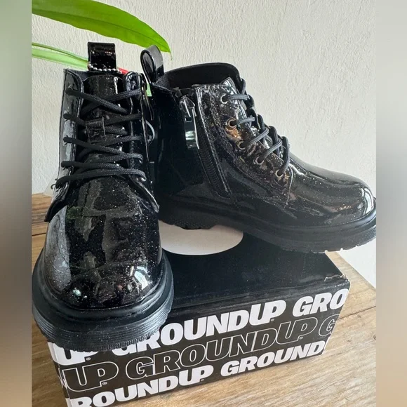 Ground up Toddler Lace-Up side zipper Black glitter combat Boots size 9 - Picture 4 of 6